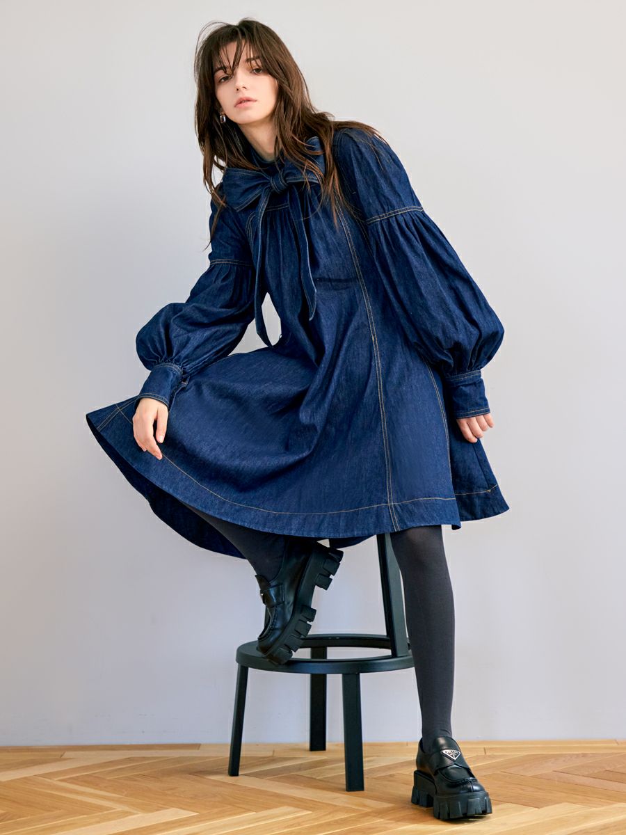 【romile】　デニムサーキュラーワンピース ネックリボン付 ラインワンピース DENIM CIRCULAR ONE-PIECE（INDIGO） | romile
