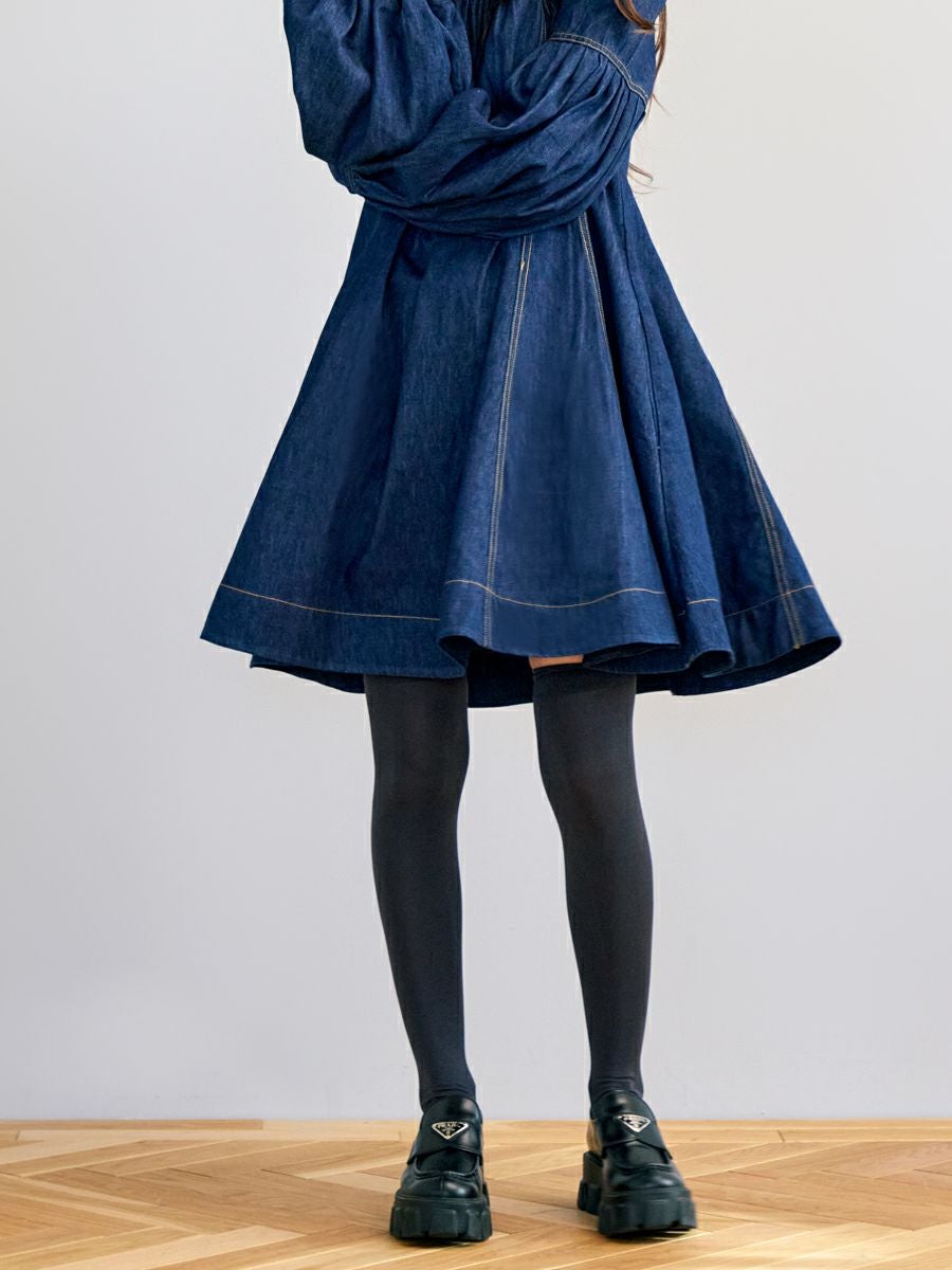 【romile】　デニムサーキュラーワンピース ネックリボン付 ラインワンピース DENIM CIRCULAR ONE-PIECE（INDIGO） | romile